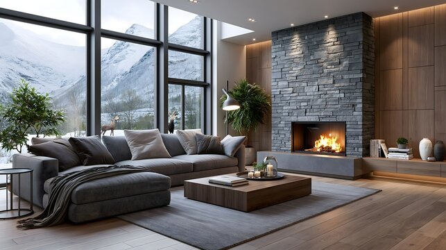 Modern winter living room, floor-to-ceiling windows overlooking snowy mountains, contemporary sofa, fireplace, warm wood accents, soft lighting, elegant architectural interior photography