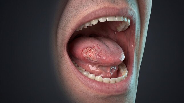 Close-up of an open mouth showing a large red growth and ulcer on the surface of the tongue