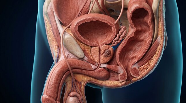 Anatomical Cross Section Illustration of the Male Reproductive System and Bladder Showing Internal Organs and Structures