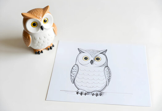 Education and creativity concept, owl figurine with a hand drawn pencil sketch on white paper for artistic inspiration and learning in a classroom