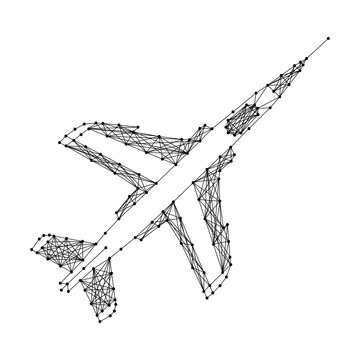 fighter jet aircraft from abstract futuristic polygonal black lines and dots