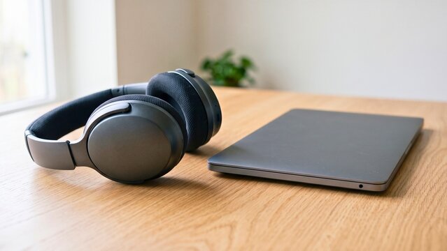 Wireless headphones and laptop resting on desk representing modern remote work and digital productivity setup