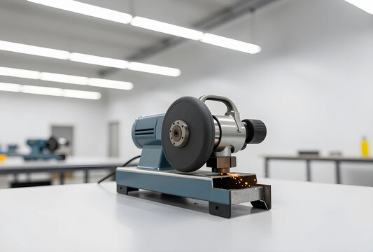 Industrial manufacturing and precision engineering, metal grinding machine cutting steel with sparks in a modern laboratory or workshop environment