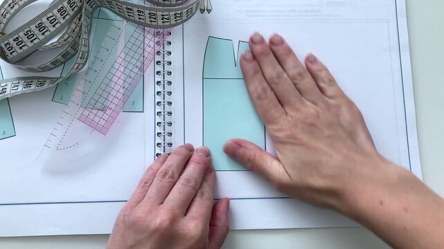 A woman is sticking a miniature skirt pattern into a notebook, analyzing the shape, lines, and proportions of the item, as well as the design process. The topic is clothing modeling and tailoring