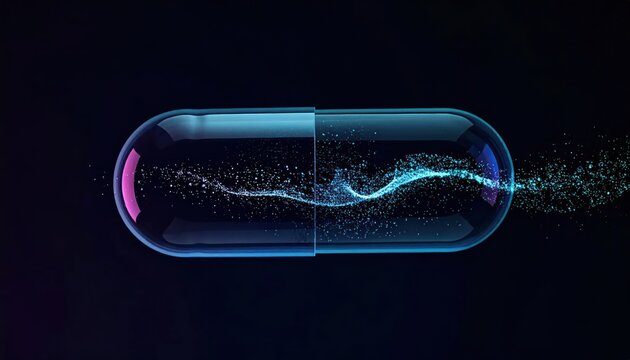 Futuristic glowing capsule pill with blue energy trail