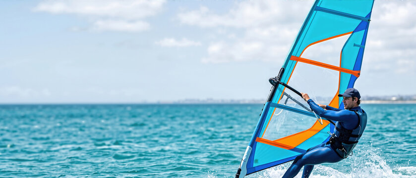 Athletic male windsurfer riding a cyan and orange sail on the turquoise ocean. Man in blue wetsuit windsurfing on a sunny day. Extreme water sport concept