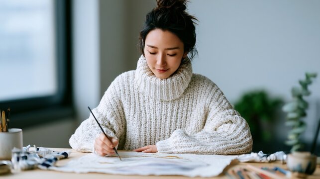 Creative asian woman artist painting on canvas in bright home studio wearing cozy white sweater