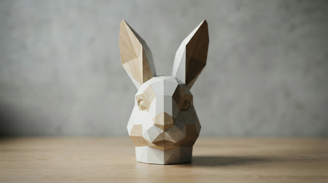 Faceted wooden rabbit head sculpture on a table by a grey concrete wall