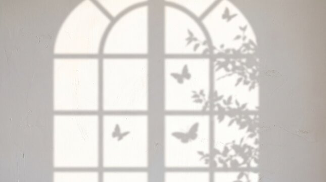 Aesthetic shadow of an arched window with flying butterflies and tree leaves on a white wall