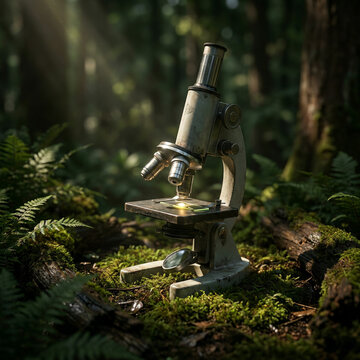 Aged metal microscope resting on forest moss among green ferns and roots