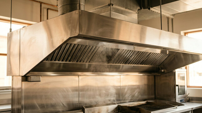 Stainless steel extraction hood above a flat top grill in a pro kitchen