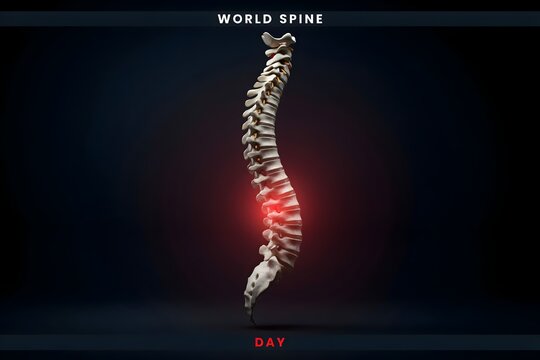 Human spine anatomy model with highlighted lower back pain area