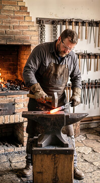 Bearded blacksmith hammering glowing orange iron on a steel anvil. Metalworker in a leather apron forging hot steel in a brick workshop