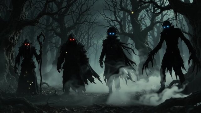 Dark fantasy silhouette monsters with glowing eyes and floating light particles in spooky foggy forest, seamless motion video background