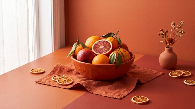 Blood Oranges in Terracotta Bowl on Sunlit Table