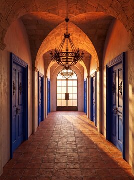Historic Stone Hallway with Blue Doors and Hanging Lanterns