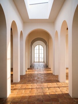 White Barrel Vault Corridor with Skylight and Glass Door