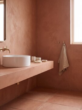 Terracotta Bathroom with White Vessel Sink and Brass Tap