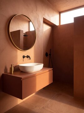 Warm Plaster Bathroom with Vessel Sink and Round Mirror