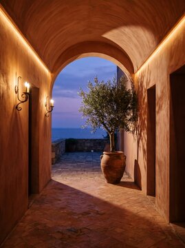 Vaulted Terracotta Corridor with Olive Tree and Sea View