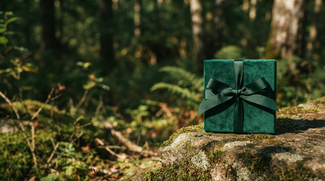 Green velvet gift box tied with a ribbon resting on a mossy forest rock