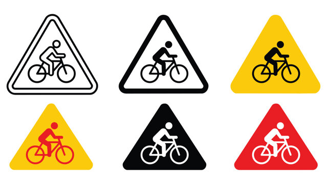 Set of bicycle traffic warning signs in multiple styles and color schemes with triangular transport pictogram collection transportation elements