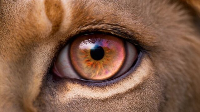 Extreme macro photorealistic footage of a single lion eye, authentic wild lion anatomy with a warm amber-peach iris