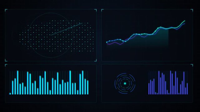 Futuristic digital HUD interface with glowing blue data visualization charts