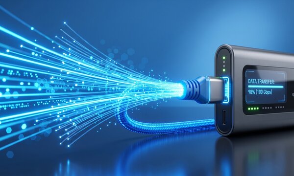 High-speed data transfer visualized with glowing blue fiber optic light streams connecting to a modern digital storage device
