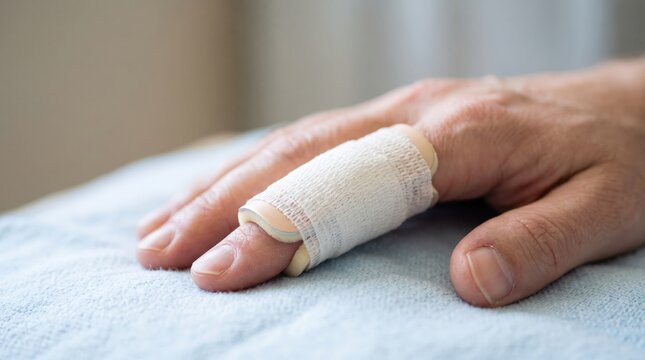 Finger wrapped with medical splint and gauze bandage hand finger medical splint injury recovery
