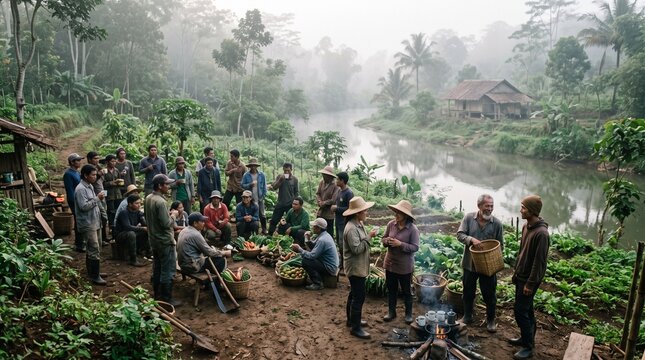 Brazilian Amazon farmers gather for a break amidst lush agroforestry landscape Brazilian Amazon guarana production chain