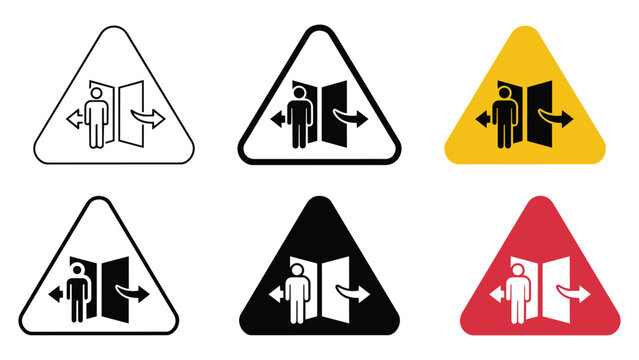 Warning sign collection showing people exiting through automatic doors with emergency triangle evacuation building illustration pictogram