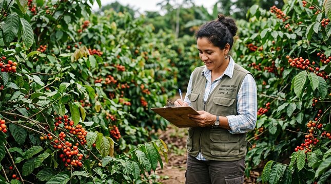 Brazilian woman farmer inspects ripe guarana berries on agroforestry plantation Brazilian Amazon guarana production chain