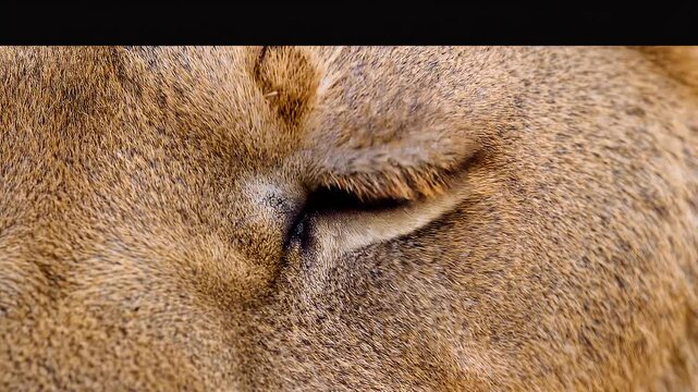 Extreme macro cinematic wildlife footage of one stunning lion eye, unmistakable lion anatomy