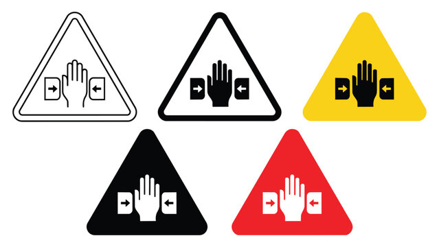 Set of warning signs for hand crushing hazard in various styles and colors with crushing industrial triangle protection illustration workplace