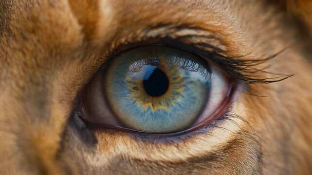 Extreme macro photorealistic footage of a single beautiful lion eye, unmistakable African lion