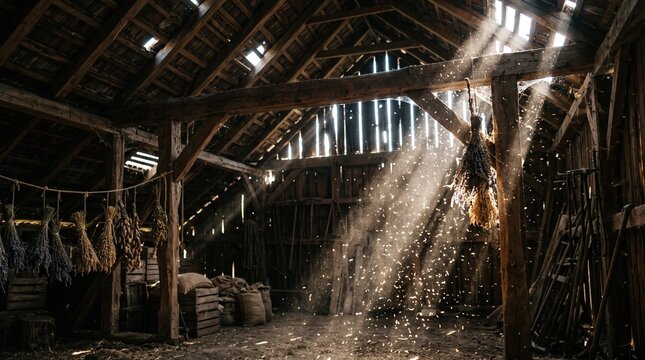 Rustic barn interior with sunbeams illuminating drying herbs and agricultural tools Brazilian Amazon guarana production chain