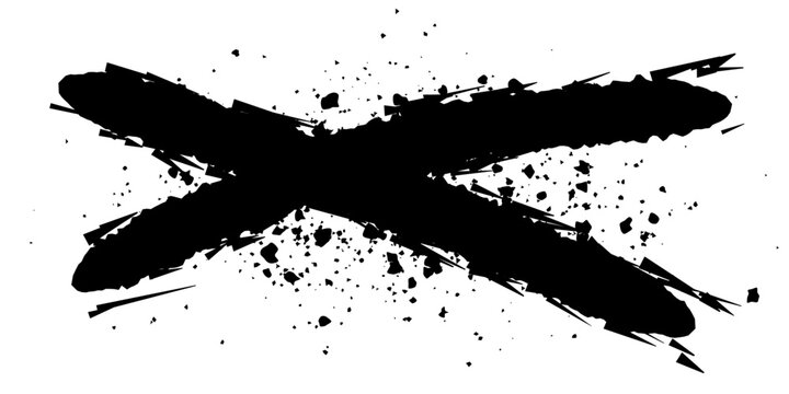 Bold black ink cross mark splattered with ink drops over a white background, representing a negation or cancellation.