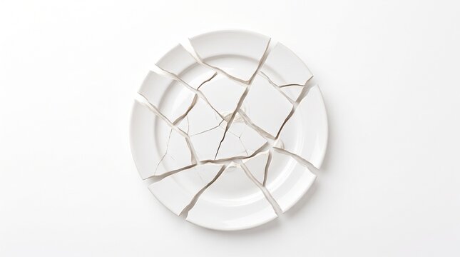 Broken white ceramic plate on white background