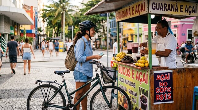 Brazilian woman buys fresh guarana and a&ccedil;a&iacute; juice from street vendor in Amazon Brazilian Amazon guarana production chain