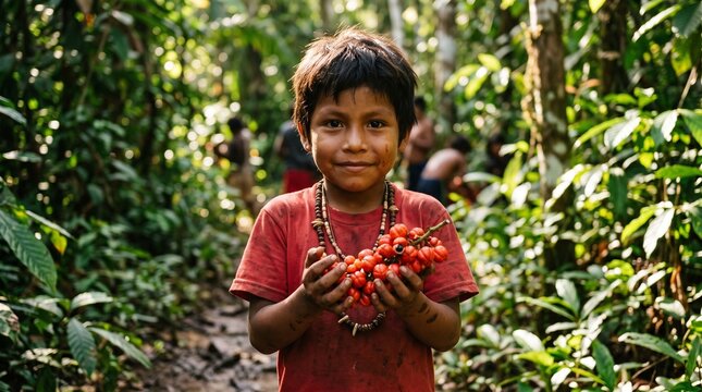 Indigenous Amazonian child holds fresh guarana berries harvested from the rainforest Brazilian Amazon guarana production chain