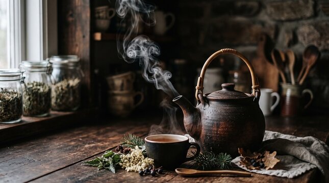 Steaming Guarana Tea in Rustic Kitchen, Amazonian Herbal Tradition Brazilian Amazon guarana production chain