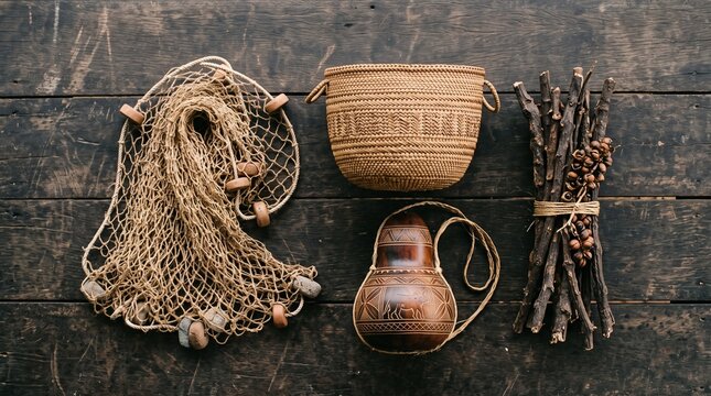 Amazonian Guarana Harvest Tools and Natural Materials on Rustic Wood Brazilian Amazon guarana production chain