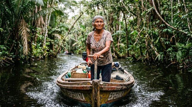 Indigenous Amazonian woman navigates river in boat, harvesting guarana for sustainable community trade Brazilian Amazon guarana production chain