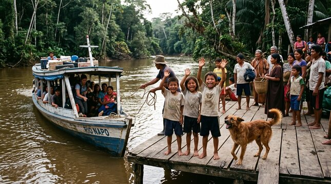 Brazilian Amazon community welcomes boat with children waving on wooden dock Brazilian Amazon guarana production chain