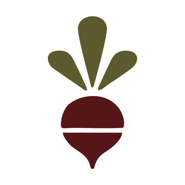 Minimalist beetroot icon featuring a bold geometric root, stylized leafy crown, rich burgundy color, and clean shapes, ideal for food signage, branding, packaging, menus, and agricultural designs.