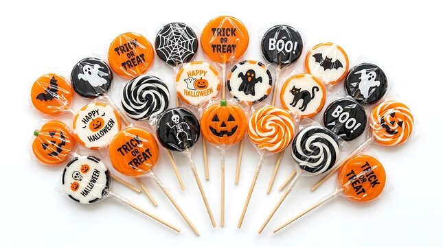 Assorted Halloween Themed Lollipops Isolated on White Background.