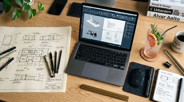 Architectural design workspace with blueprints and laptop showing 3D models Brazilian Amazon guarana production chain