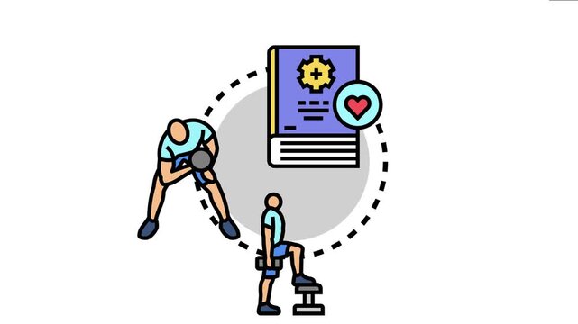 People engaging in physical exercise with dumbbells and stepping, surrounded by a textbook icon symbolizing health, education, and personal development in obtaining wellness