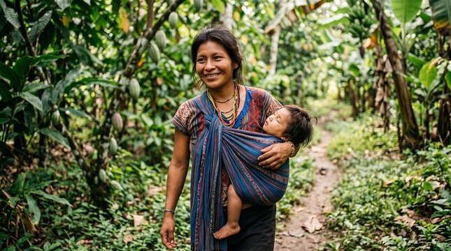 Indigenous Amazonian woman carrying sleeping child through guarana agroforestry plantation Brazilian Amazon guarana production chain